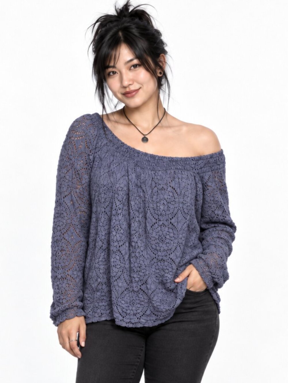 Maurices 1XL Lace Overlay Off Shoulder Dusty Lavender Long Sleeve Top